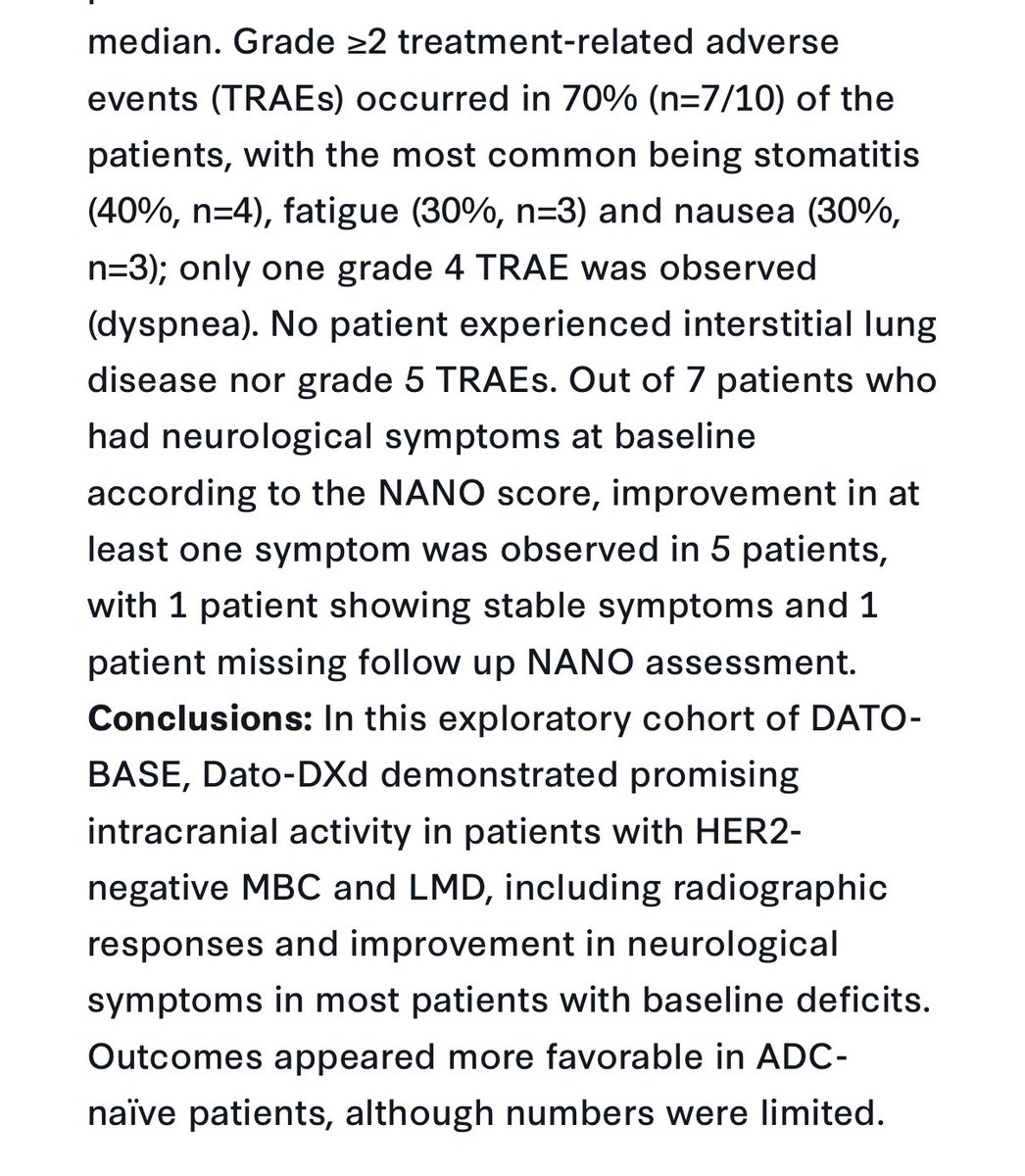 PTarantinoMD's tweet image. At #SABCS25 we’ll present Cohort C of DATO-Base, academic IST and first prospective trial of Dato-DXd in pts with LMD from HER2- MBC.

LANO ORR 30%, mOS 4.7 months but &amp;gt;1 year in ADC-naive pts, benefit on neurological symptoms.

Selected for poster display 🤷‍♂️

Join us to discuss!