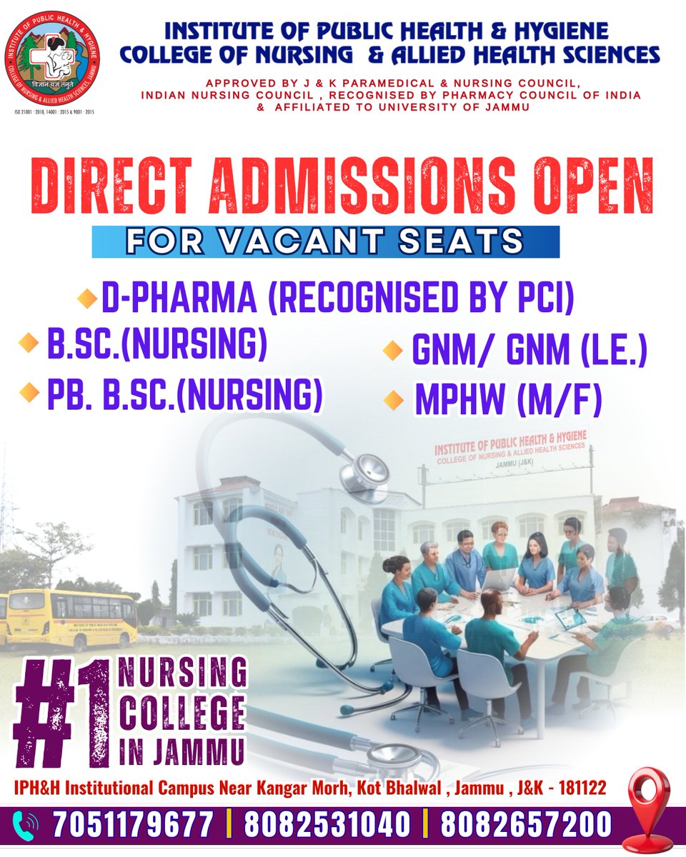 IPHHJammu's tweet photo. DRECT IADMISSIONS OPEN 2025
✅ Limited Seats – Apply Early!
D-PHARMA | B. Sc. (N.) | PB. B. Sc. (N.) | GNM | MPHW(M/F)
📲 7051179677 | 8082531040 | 8082657200
.
.
#jammukashmir #BOPEE2025 #jammunursingcollege #jkadmissions2025
#nursingstudent #DPharma https://t.co/ebtEsq6QSl