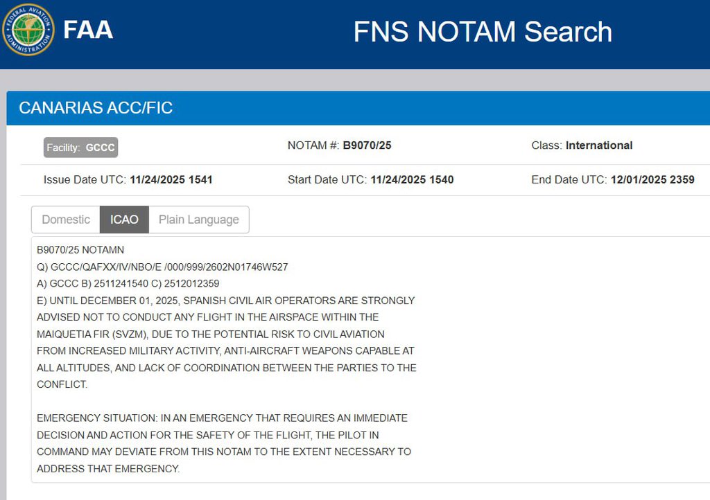 IntelNet's tweet image. BREAKING The FAA is telling Spanish airlines to avoid Venezuela’s Maiquetía FIR until January 12 citing heavy military activity anti aircraft systems and zero coordination between armed groups