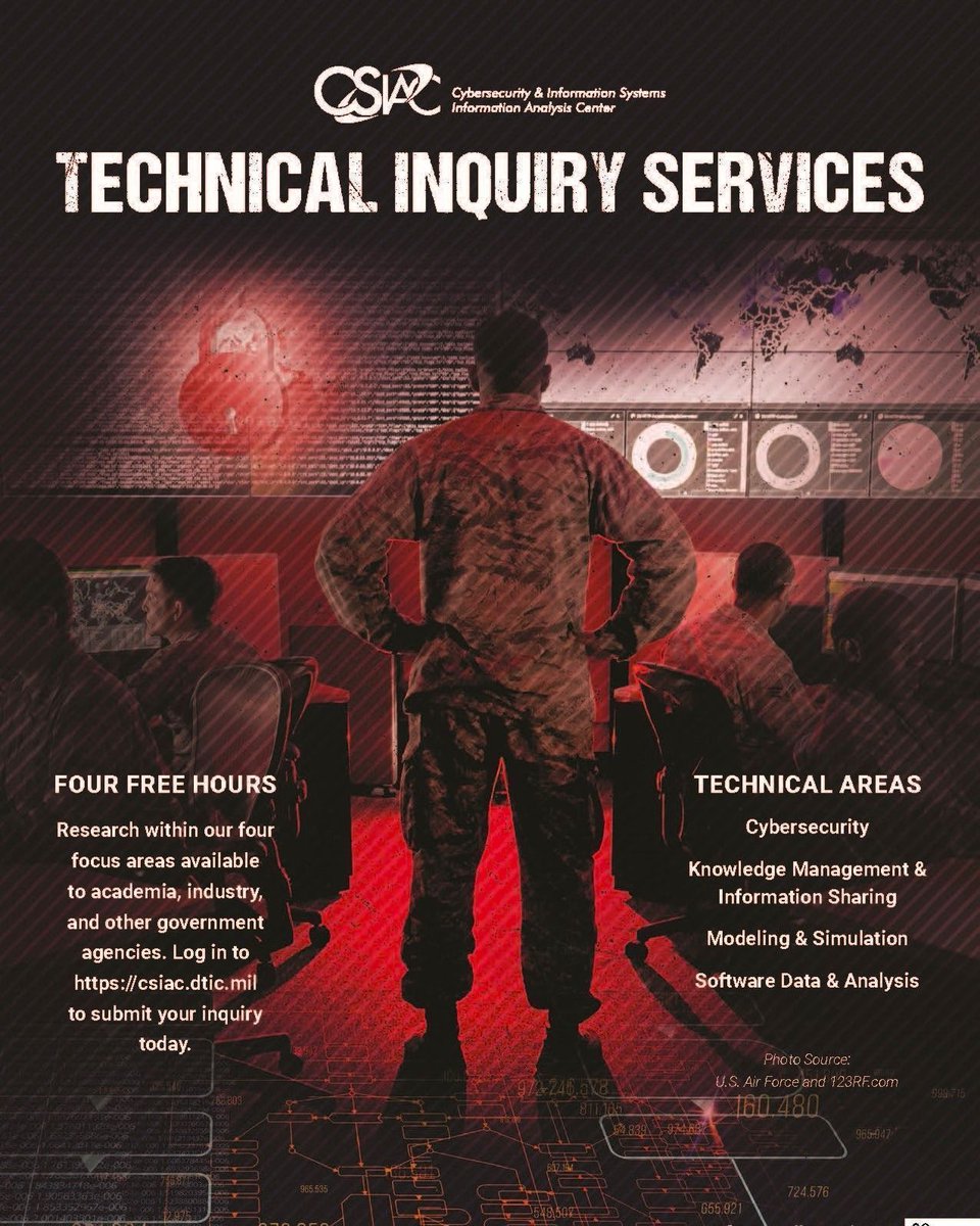 DoD_CSIAC's tweet image. Get 4 hours of 𝗙𝗥𝗘𝗘 research per inquiry on any topic within CSIAC&apos;s technical focus areas.
👉 Learn more here: buff.ly/AT2yuJJ.

#cybersecurity #cybercommand #dataprotection #informationtechnology #artificialintelligence #machinelearning #augmentedreality #usmilitary