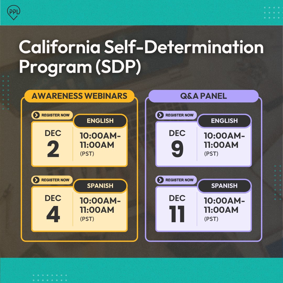 📣 Interested in the California Self-Determination Program?

Don’t miss our FREE English and Spanish CA SDP Awareness &amp; Q&amp;A Webinars! Join us to discover how participants can gain more choice, control, and flexibility in the supports that help them thrive.

Register here: