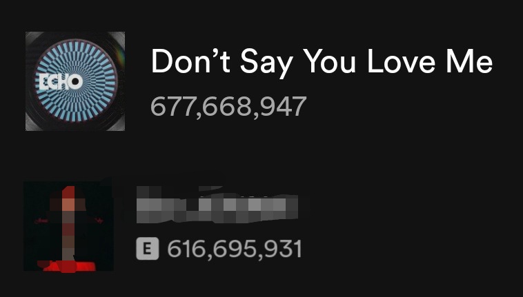 minygthv7's tweet image. Most streamed 2025 songs by K-Act on Spotify:

1. DSYLM — 677,668,947 (+3,002,685)🔺
2..... — 616,695,931 (+1,322,212)🔺

Gap: 60,973,016 (+1,680,473)🚨