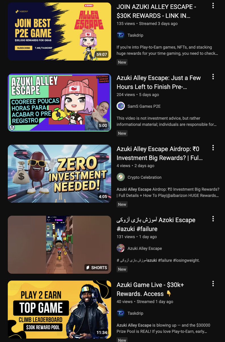 Search “Azuki Alley Escape” on YouTube and you'll find 40 UGC videos from Telegram players in the last week. With TG’s ~40M gamers, play turns into shares and creator content that brings in new eyes. This is a distribution + flywheel for IP expansion.