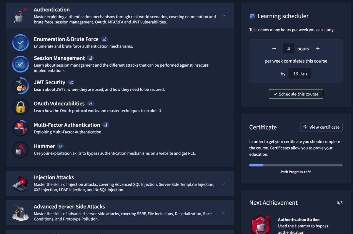HezyChacha's tweet image. Day43 of #100DaysOfCybersecurity           
- 15% done on Web Application Pentesting Path 🥷
- Session Management  - Room Completed 📷
- I learnt about session management and the different attacks that can be performed against insecure implementations.
@tryhackme