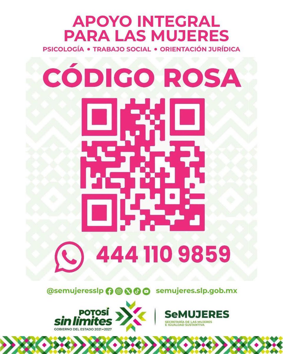 seculturaslp's tweet image. 💚🫶¿Necesitas apoyo?
@semujeresslp pone a tu disposición el #CódigoRosa para brindarte apoyo integral: orientación jurídica, psicología y trabajo social.
👉Todos sus servicios son gratuitos, permanentes y confidenciales.

#PotosíSinLímites #PotosíParaLasPotosinas