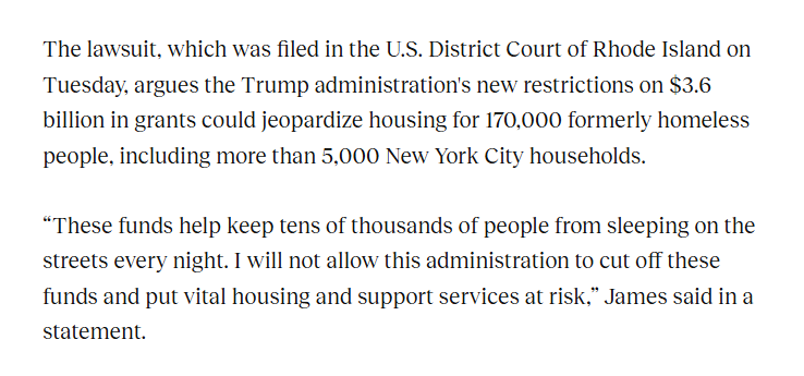 DavidFBrand's tweet image. New York Attorney General @TishJames and AGs from over a dozen other states are suing to stop @HUDgov and the Trump Administration from diverting $ billions from permanent housing for formerly homeless

Instead, HUD is prioritizing temporary programs with treatment requirements