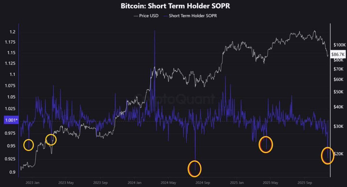 📉 #CryptoQuant detecta una fuerte capitulación de los poseedores de BTC a corto plazo.
Este patrón, históricamente, ha precedido a mínimos de mercado a corto plazo, cuando el miedo y las ventas forzadas alcanzan su punto máximo.

Señal clásica de agotamiento vendedor.

#Bitcoin