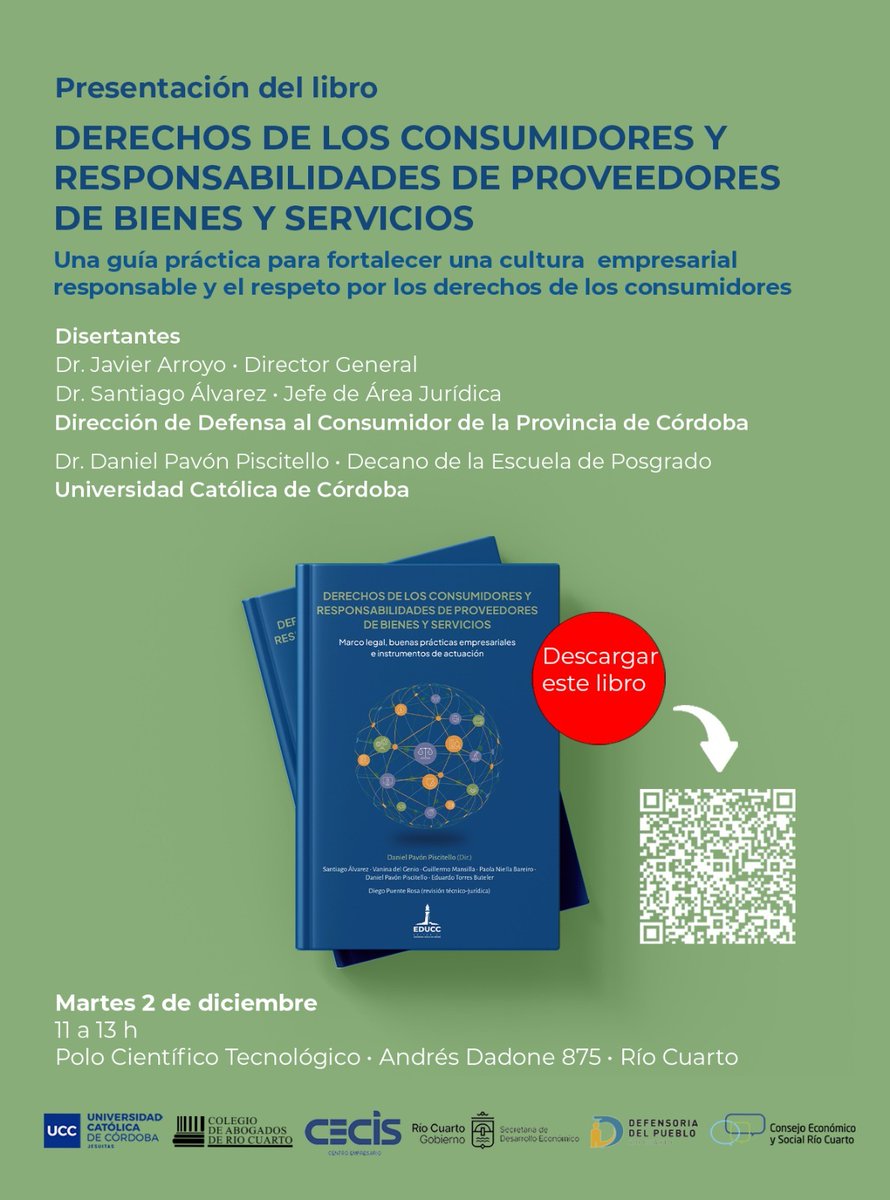 Te invitamos a la presentación del libro "Derechos de los consumidores y responsabilidades de proveedores de bienes y servicios”, una guía práctica para fortalecer una cultura empresarial responsable y el respeto por los derechos de los consumidores.
La presentación se concretará