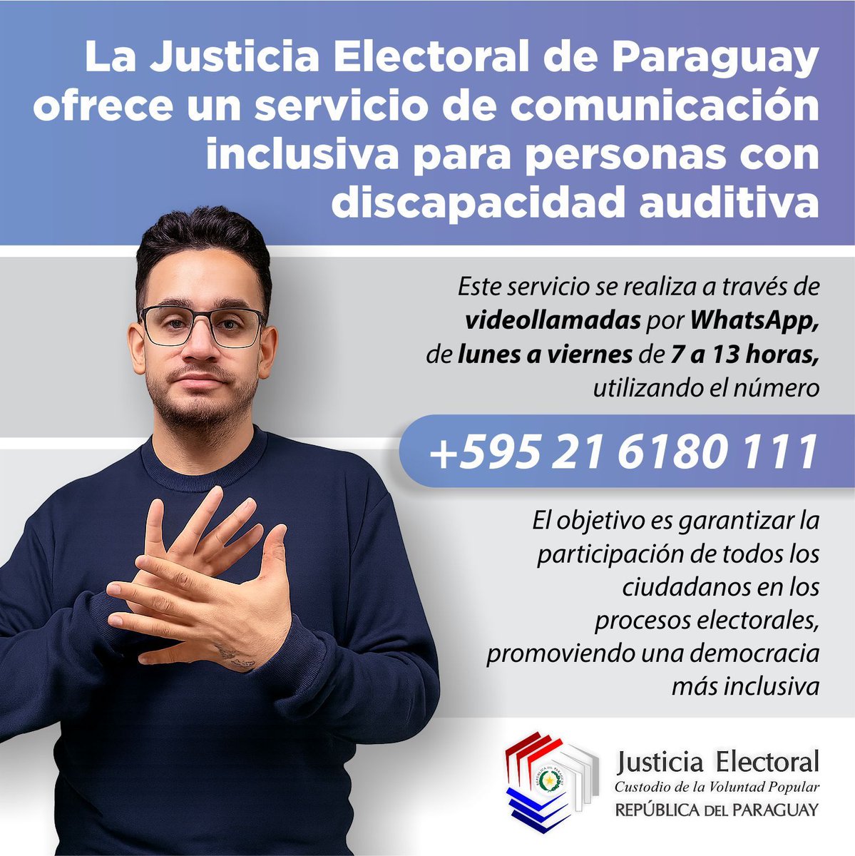 TSJE_Py's tweet image. 📌La #JusticiaElectoralPy🇵🇾 ofrece el servicio de #ComunicaciónInclusiva, garantizando que todos los ciudadanos accedan a informaciones electorales.

¡La participación de todos fortalece la democracia!

#PromotoresdelaDemocracia