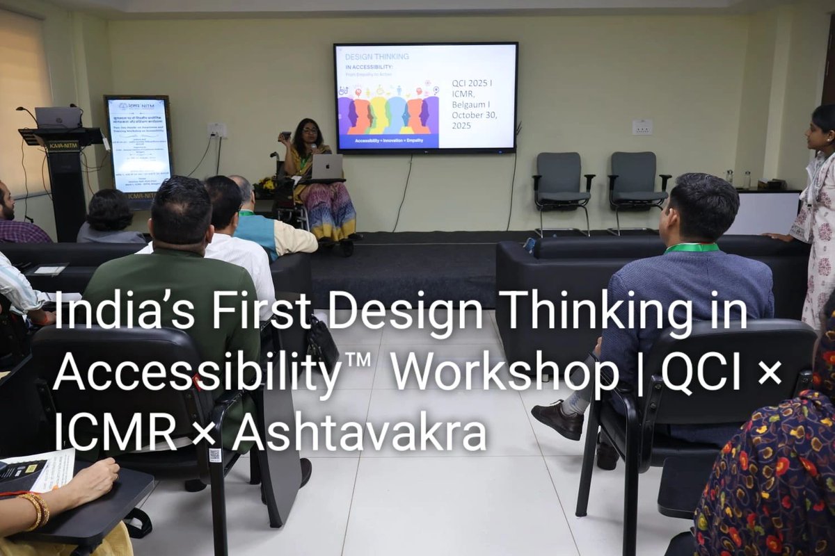 sangitathakur4's tweet image. When &quot;accessibility intersects with design thinking,&quot; innovation unfolds.
Ashtavakra led India’s first &quot;Design Thinking in Accessibility™&quot; Workshop with QCI &amp;amp; ICMR-NITM, turning barriers into insights and compliance into creativity.
Join India’s innovation movement.