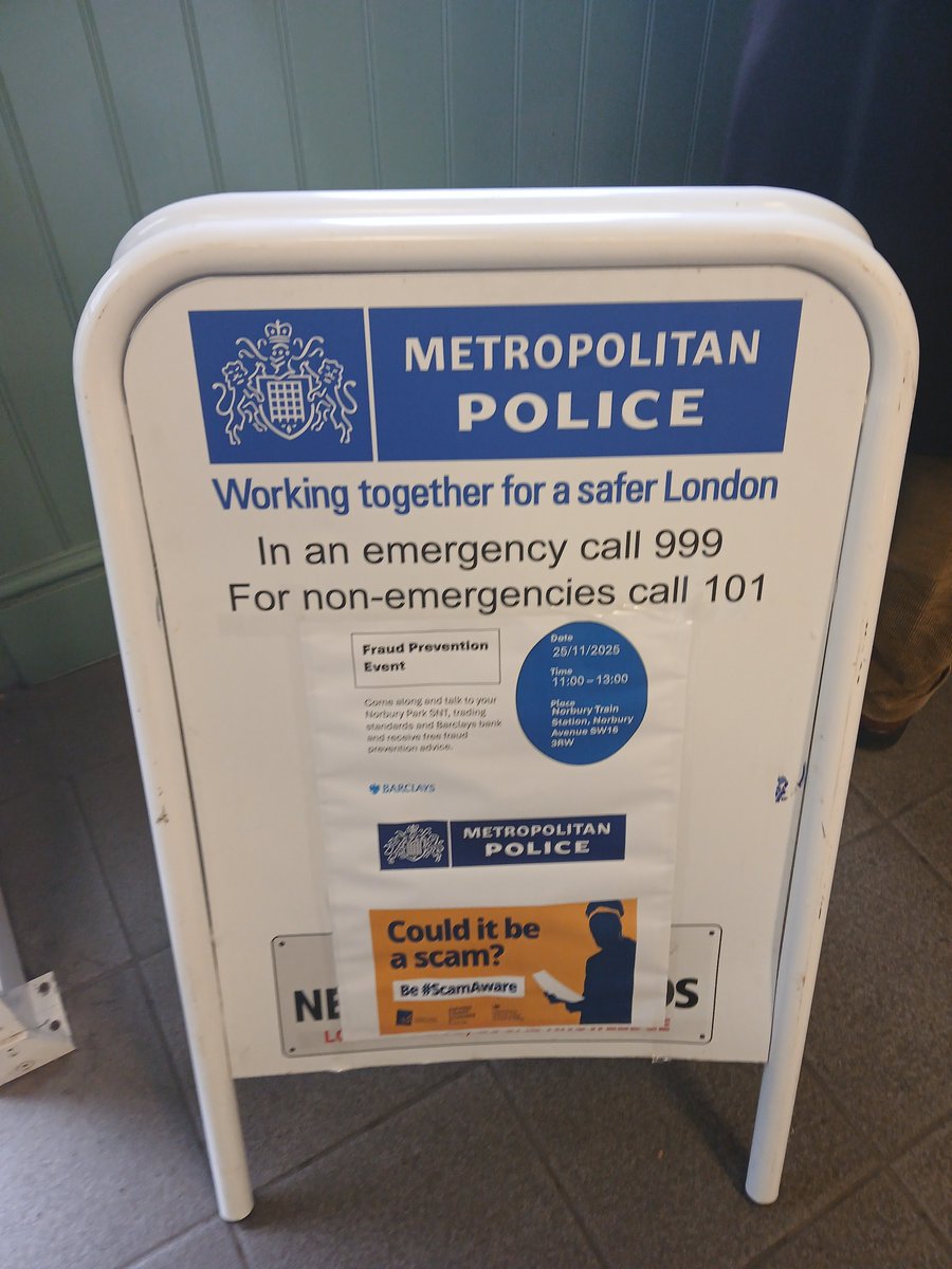 MPSNorburyPark's tweet image. Today Norbury Park SNT held a Fraud Awareness Stall in Norbury Train Station with assistance from Trading Standards, &amp;amp; Barclays Bank. Providing information, leaflets, &amp;amp; awareness on Fraud &amp;amp; Scam prevention.

#NorburyPark
#MPSCroydon
#MyLocalMet