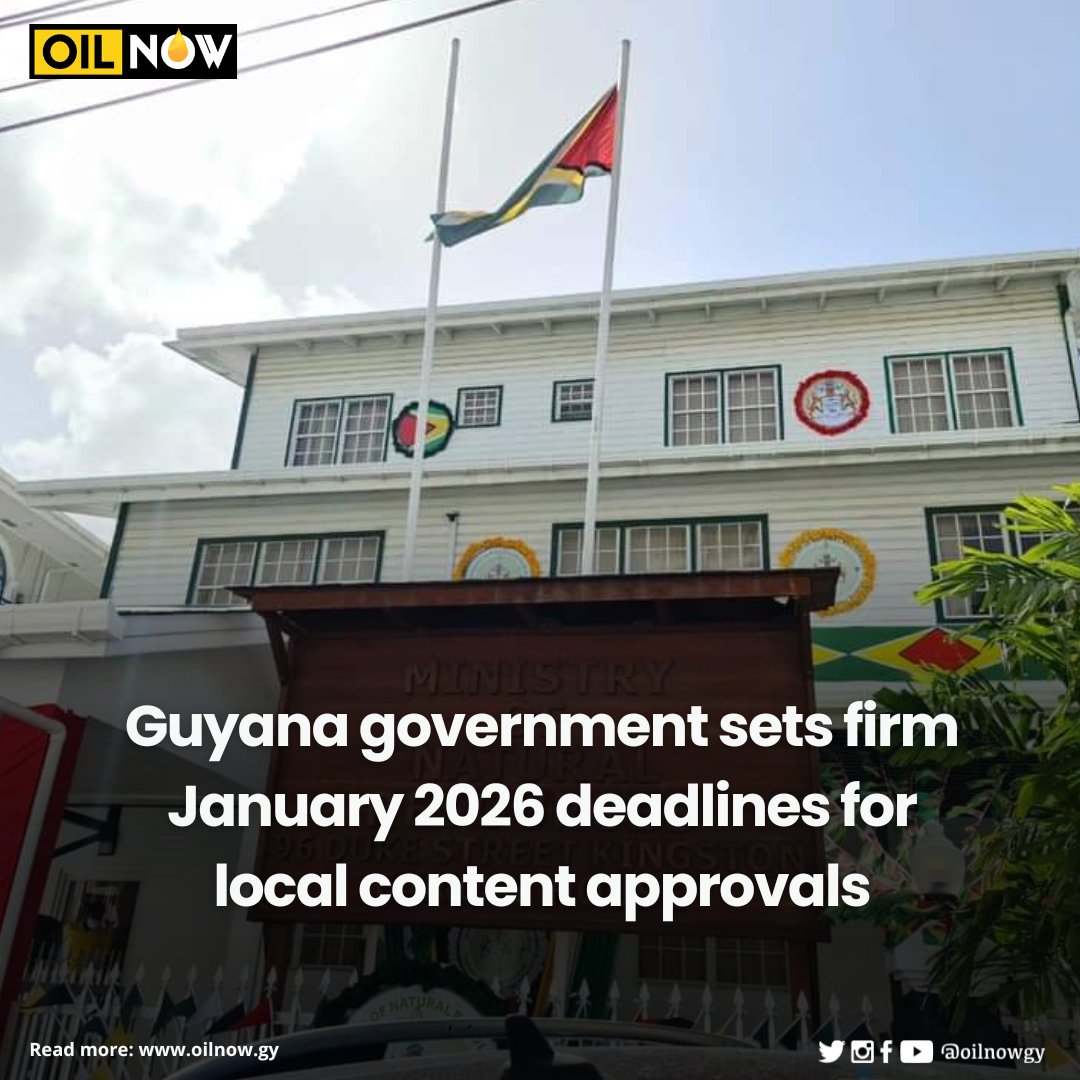 oilnowgy's tweet image. The Ministry of Natural Resources has announced a new fixed timeline for reviewing and approving #localcontent #certification applications. The update, released through the Local Content Secretariat today, takes effect in January 2026.
READ MORE HERE: oilnow.gy/featured/guyan…