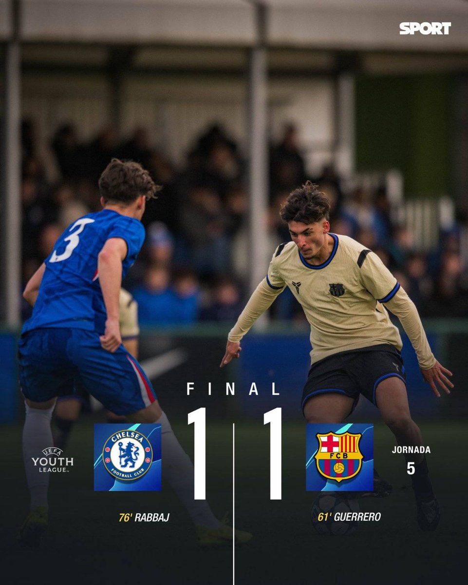 MonadFootball's tweet photo. Full-time: Chelsea U19 𝟏-𝟏 Barça U19

Points are shared at Cobham. 
  #UYL https://t.co/Bgsyomytgy