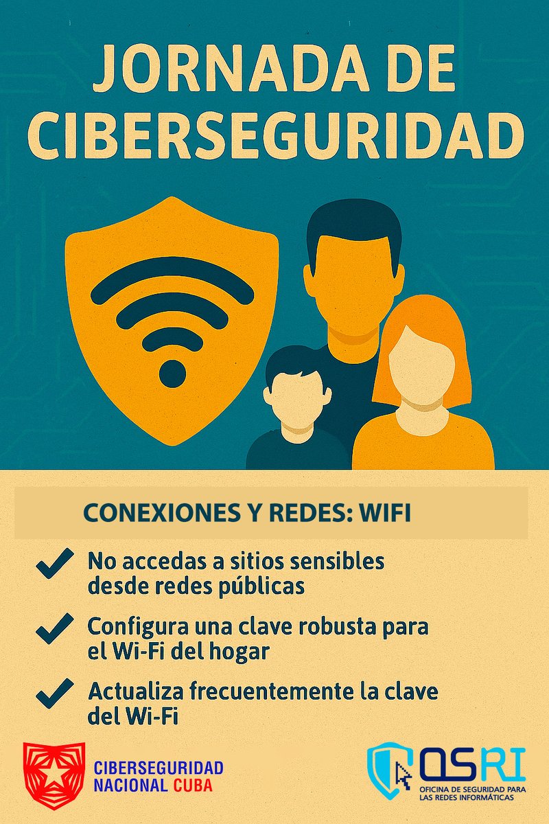#OSRICuba🇨🇺Conéctate con seguridad, estés donde estés.Ya sea en casa o en una red pública, proteger tu conexión es clave para cuidar tu información.
#CiberseguridadParaTodos