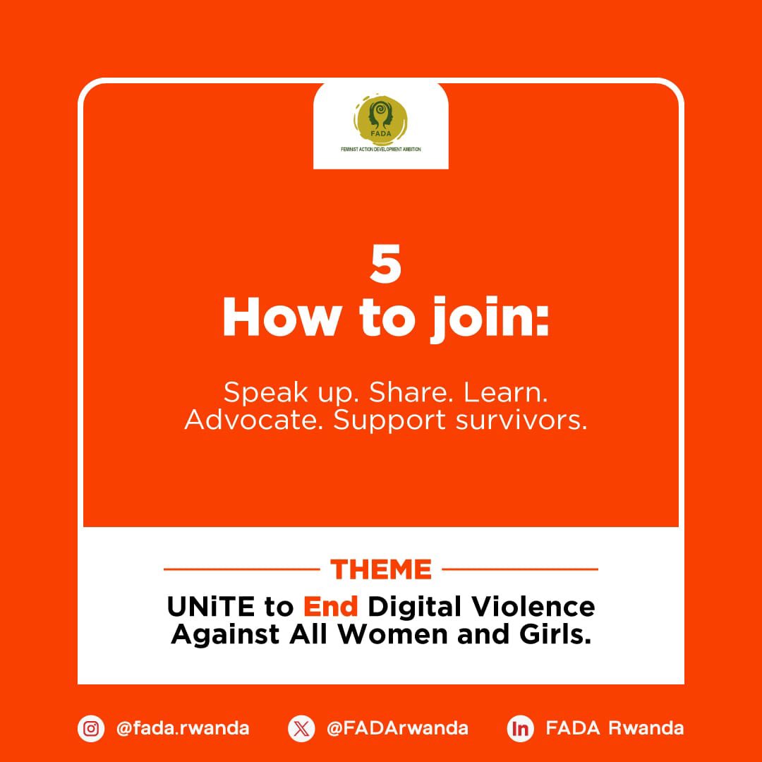 FADArwanda's tweet photo. Digital spaces should NOT be another place women must survive.
As #16DaysOfActivism begins, we call for dignity, safety, and justice online and offline.
UNiTE to End Digital Violence Against All Women &amp; Girls.
#OrangeTheWorld #GBV #EndDigitalViolence https://t.co/NiUGp9LJCA