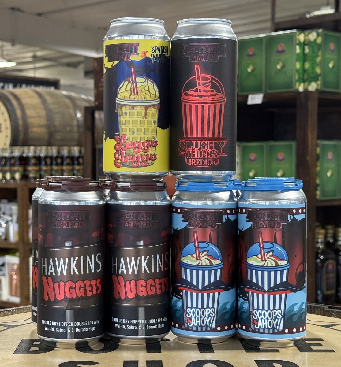 TheBottleShopga's tweet image. @450North &amp;amp; Stranger Things collaboration 
🍺 Lego Eleggo collaboration with Spanish Marie Brewery smoothie style sour ale
🍺 Slushy Things Redux smoothie style sour ale
🍺 Hawkins Nuggets double dry hopped double IPA
🍺 Scoops Ahoy! smoothie style sour ale
#INbeer #legoeleggo