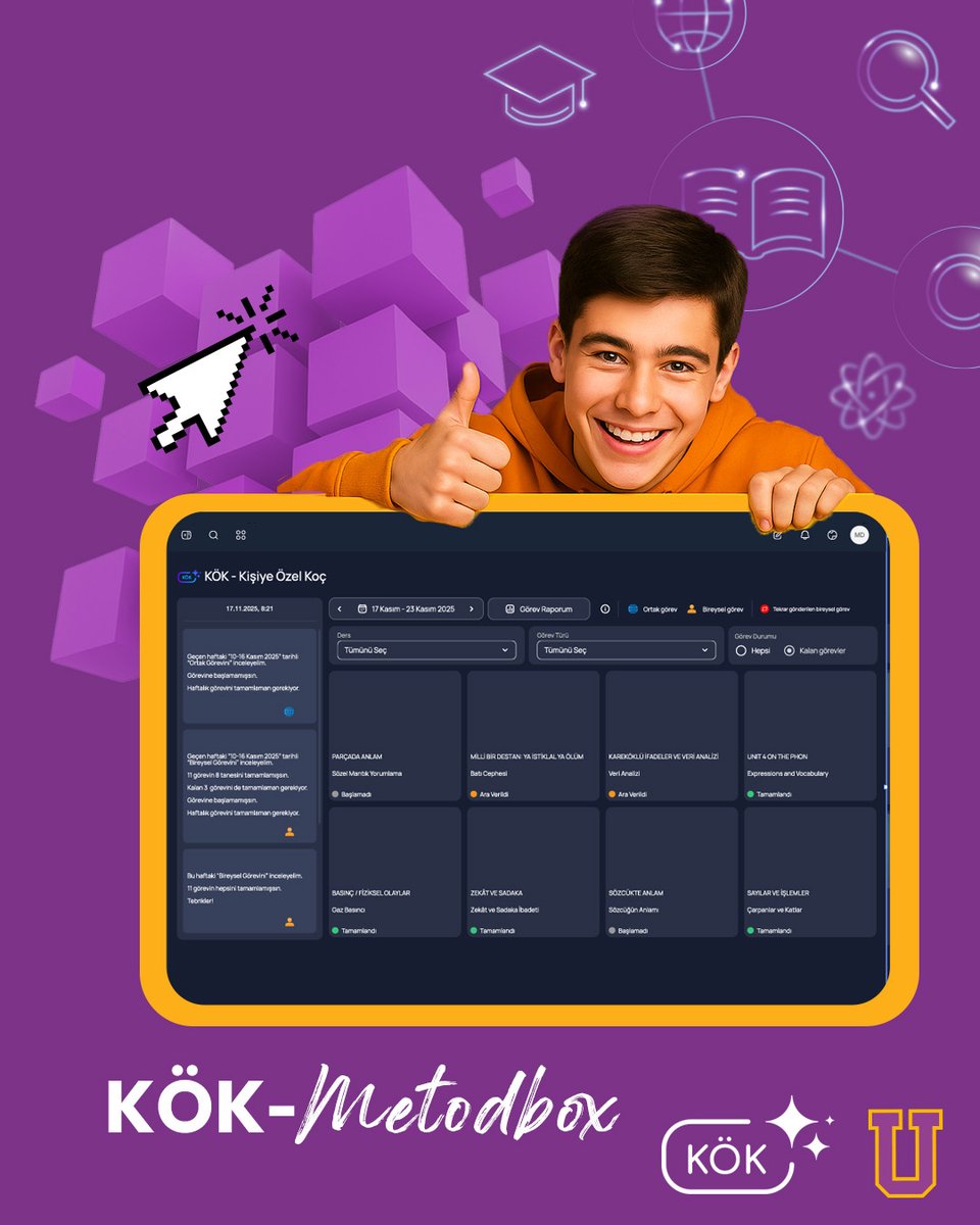 UOMuratpasa's tweet image. Metodbox’a eklenen KÖK – Kişiye Özel Koç uygulaması ile artık her öğrencinin öğrenme yolculuğu tamamen kendine özgü.
📌 KÖK sayesinde;
• Öğrencinin eksik alanları analiz ediliyor,
• İhtiyacına göre kişiye özel ödevler tanımlanıyor,
• Öğrenci kendi hızında gelişimini sürdürüyor