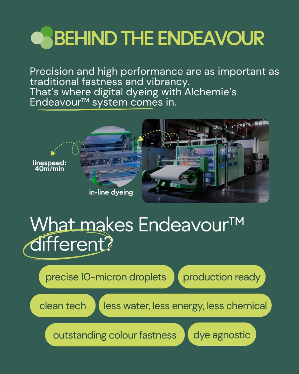 Alchemietech's tweet image. 👉 Behind Digital Textile Dyeing

When it comes to high-performance textile colouration, precision and sustainability are now just as important as traditional fastness and vibrancy. That’s where digital dyeing with Alchemie’s Endeavour™ system comes in.

Here’s a breakdown 👇
