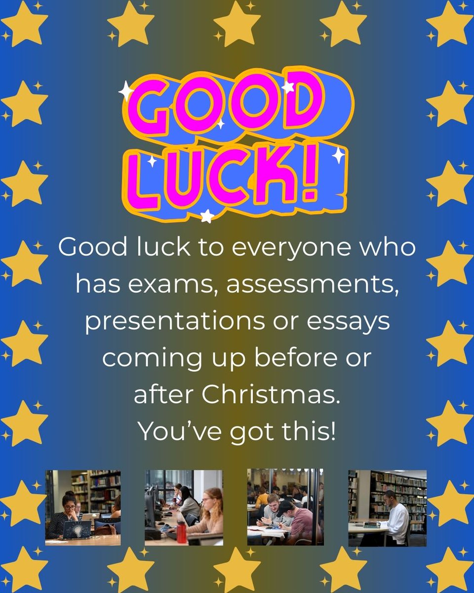 If you have exams, assessments or presentations coming up before or after Christmas, everyone at the Library wishes you the very best of luck.
Study, take regular breaks, and believe in yourselves!
