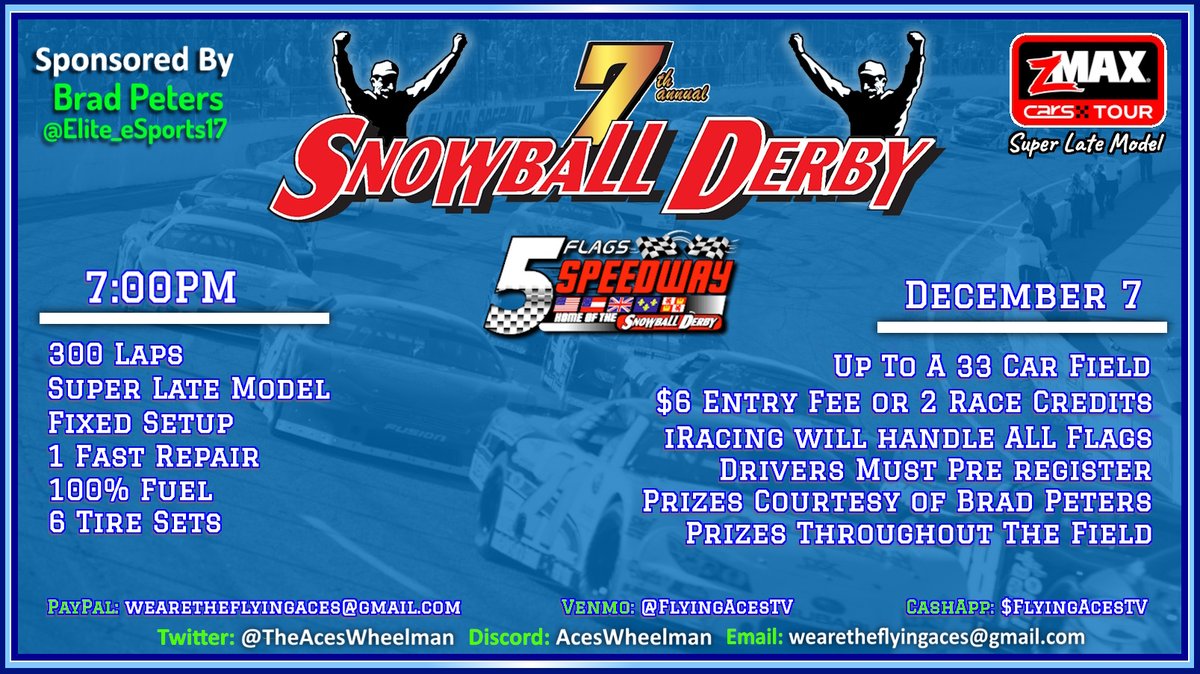❄️ 2025 Snowball Derby❄️

It's that time of the year again!
Brad Peters presents our 7th Annual Snowball Derby from 5 Flags Speedway.
Sunday, December 7, 2025 - 7:00PM ET
Entry List: tinyurl.com/SnowballDerby2…