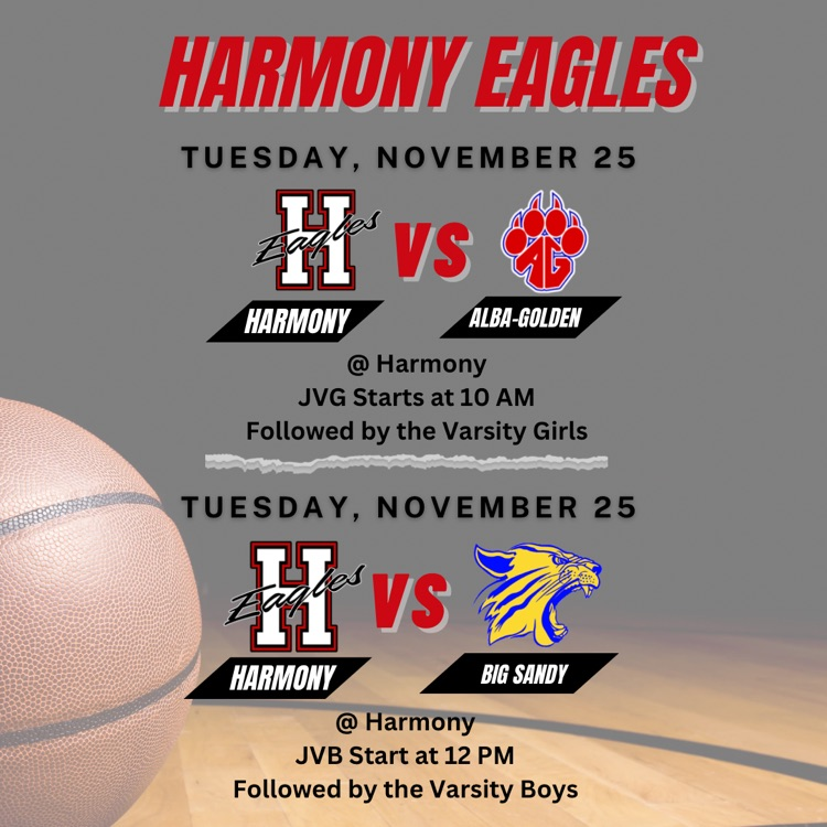 Make plans to watch some Harmony Eagle basketball today. Girls hit the court at Alba-Golden, and the boys defend home court.🏀