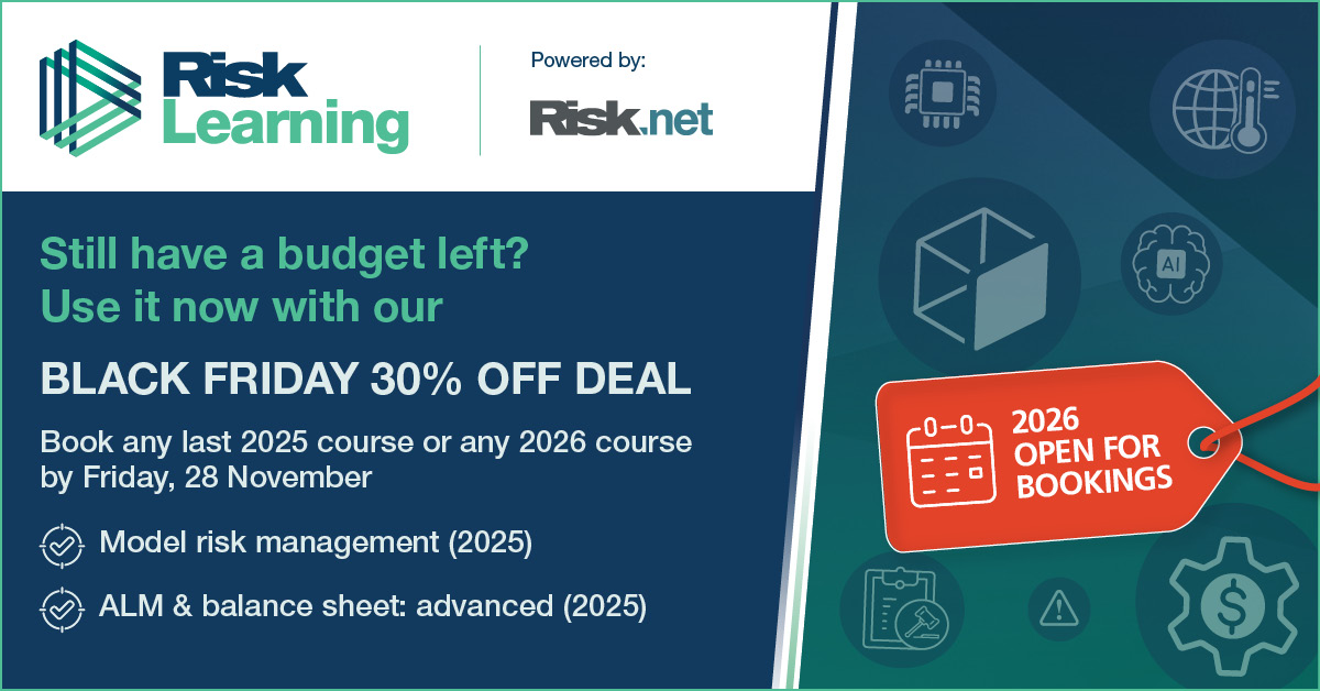 RiskDotNet's tweet image. Have you got any training budget left? Don’t let it go to waste.
 
Take advantage of our Black Friday 30% OFF deal on all last 2025 courses and any 2026 courses booked by 28 November.
 
Whether it’s Model Risk Management or ALM &amp;amp; Balance Sheet Advanced, now’s the perfect time to:…
