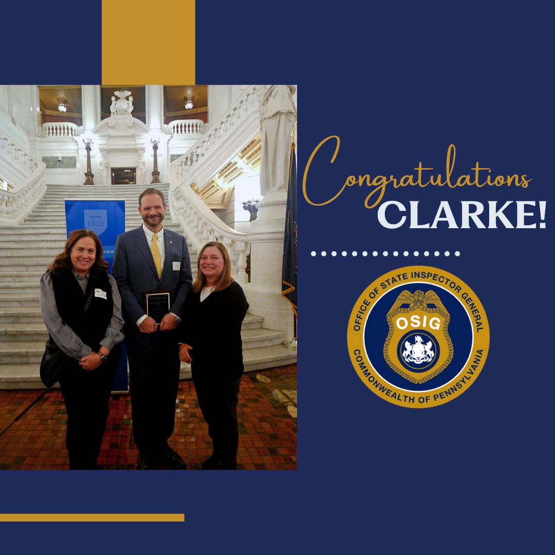 We are thrilled to congratulate First Deputy State Inspector General, Clarke Madden who was honored by <a href="/WidenerUniv/">Widener University</a> Commonwealth Law School with its Award for Excellence in Public Service. OSIG is so fortunate to have him on our leadership team.