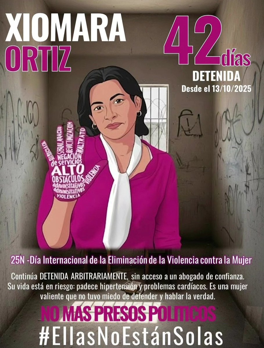 CaryoliOrtiz's tweet image. Hoy alzamos la voz por mi tía, Xiomara Ortiz.
42 días detenida injustamente, lejos de su familia, sin un abogado de confianza, y con su salud en riesgo. Pero aun en medio de la oscuridad, su fuerza no se apaga.
#EllasNoEstánSolas
#LibertadParaXiomaraOrtiz
#NoMásPresosPolíticos
