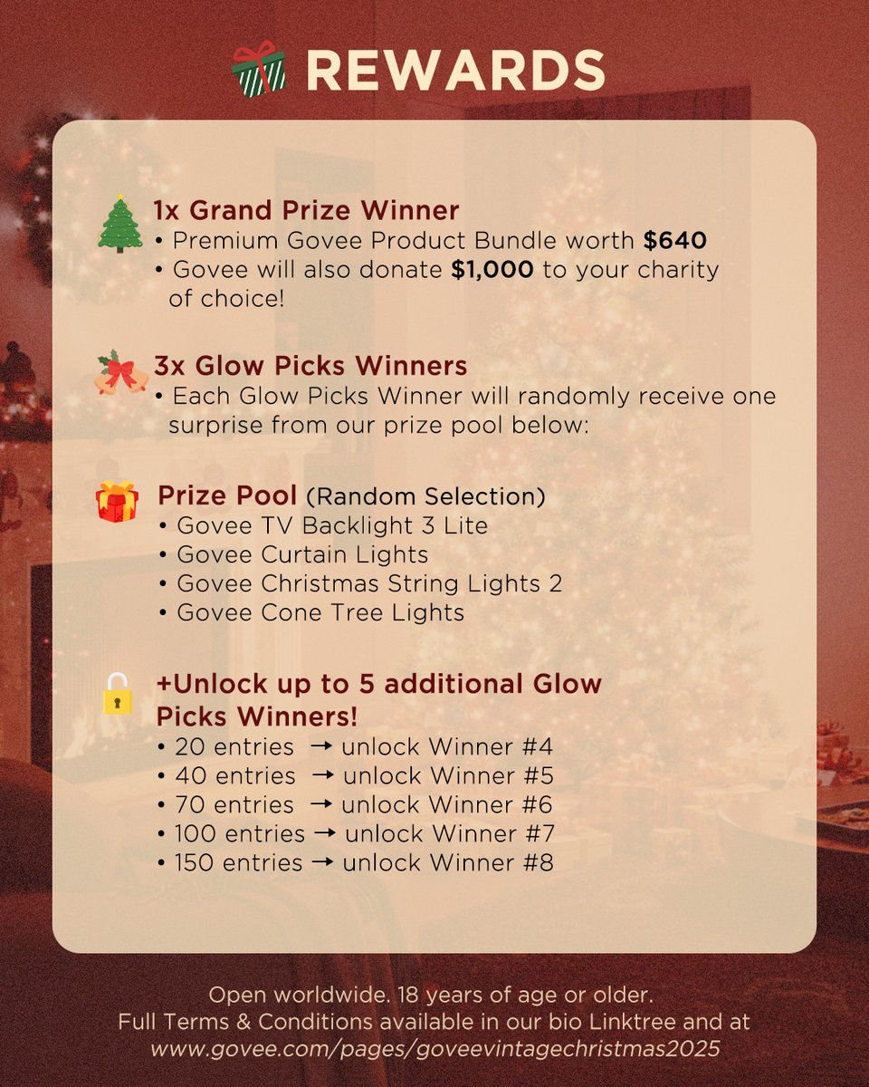 GoveeOfficial's tweet image. #Contest 🎅 Brighten both your home and the holiday for those in need! We&apos;re donating $1000 to the winner’s charity of choice, plus a whole lot more. 

-&amp;gt; 1x Grand Prize: Premium Govee Bundle + a US$1000 charity donation this Christmas. 

-&amp;gt; 3x Glow Picks Prize Winners, plus up…