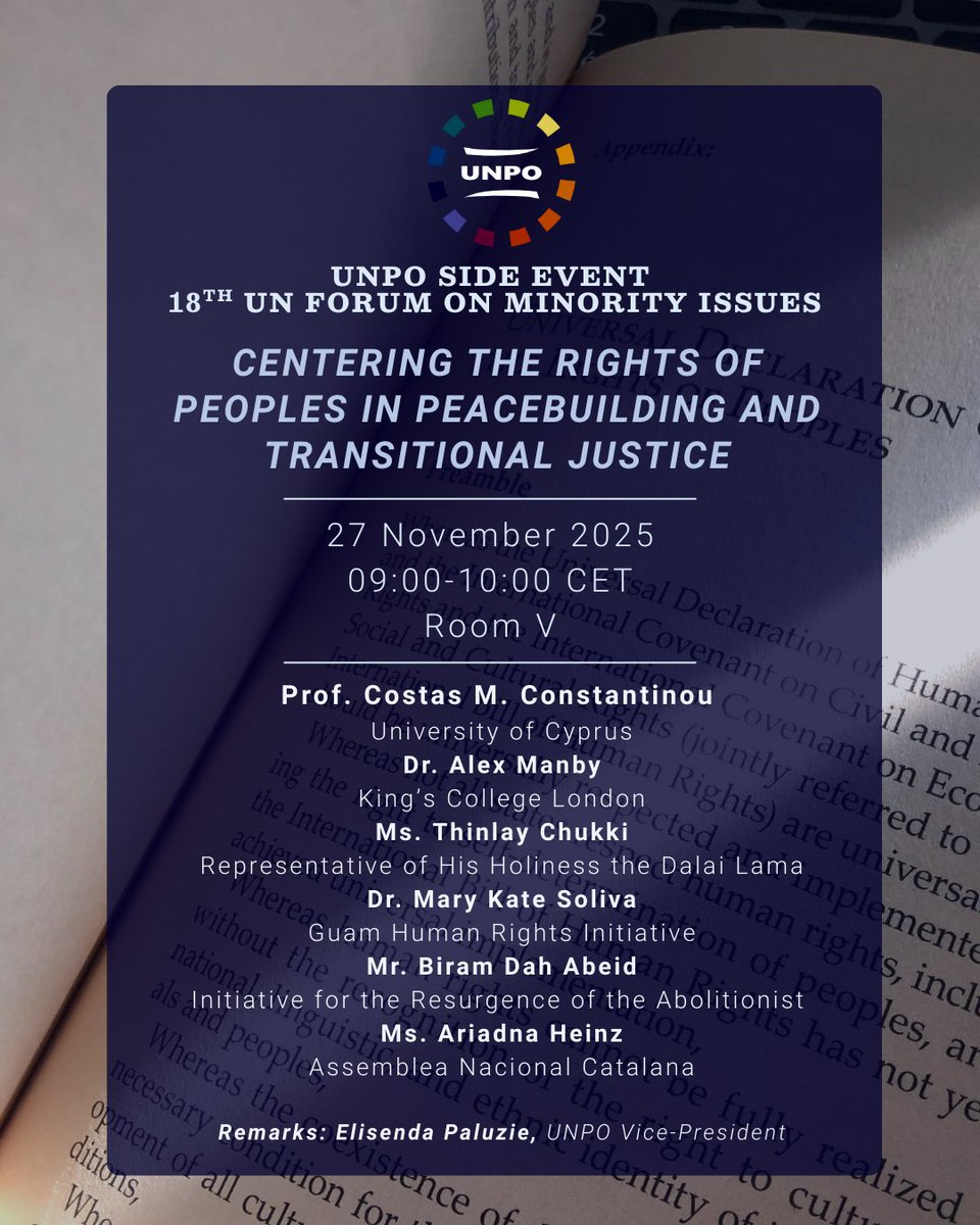 📣 Excited to announce UNPO Side Event at 18th UN Forum on Minority Issues

¨Centering the Rights of Peoples in Peacebuilding and Transitional Justice¨

🗓 27 November 2025
⏰ 09:00–10:00 CET
📍 Room V

Exploring how minorities &amp; unrepresented peoples can shape lasting peace.