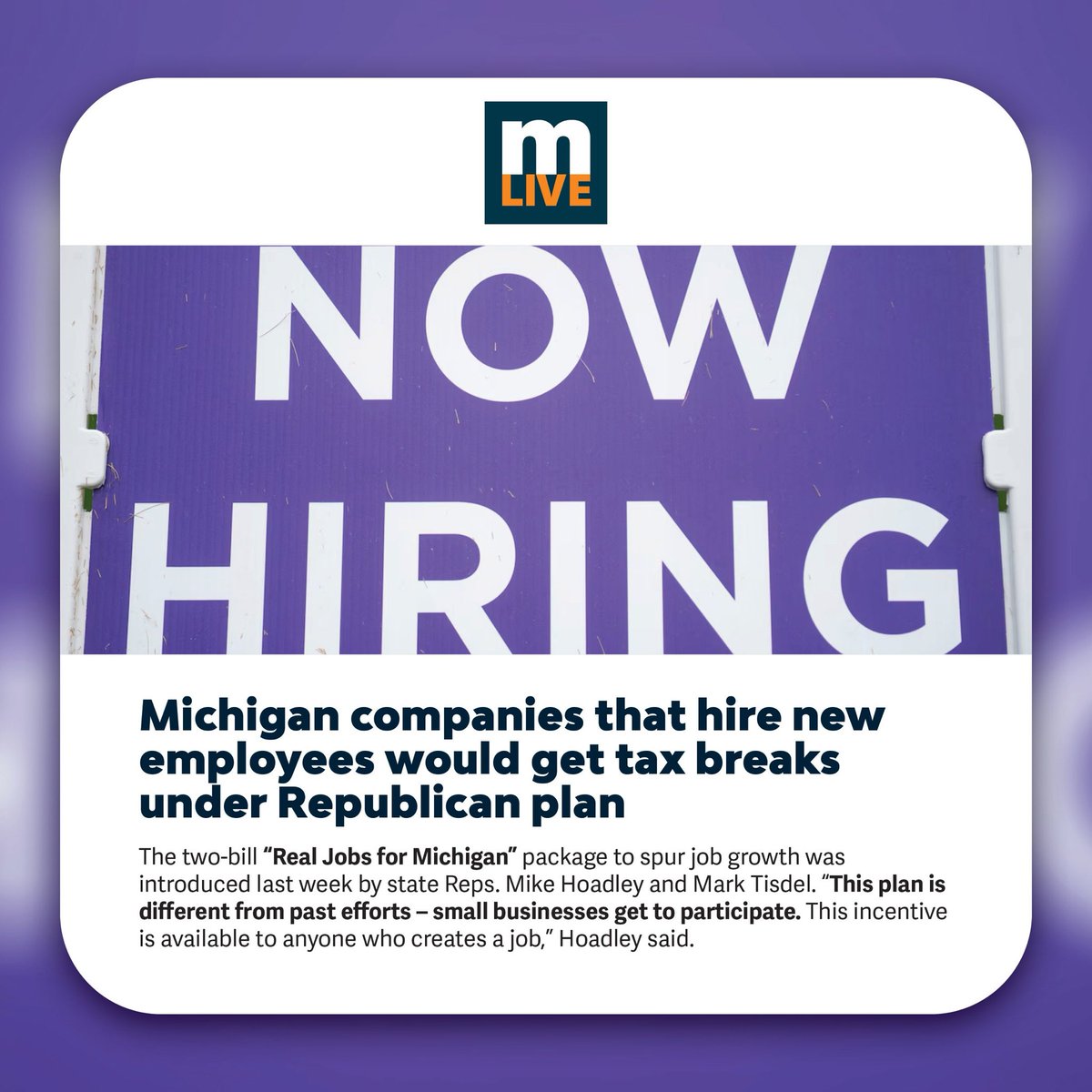 RepMikeHoadley's tweet image. Real Jobs for Michigan is a performance based incentive to be available for all business across every region of the state.  No more picking winners and losers. No more taxpayer funded bribery for political gain. No more corporate welfare!