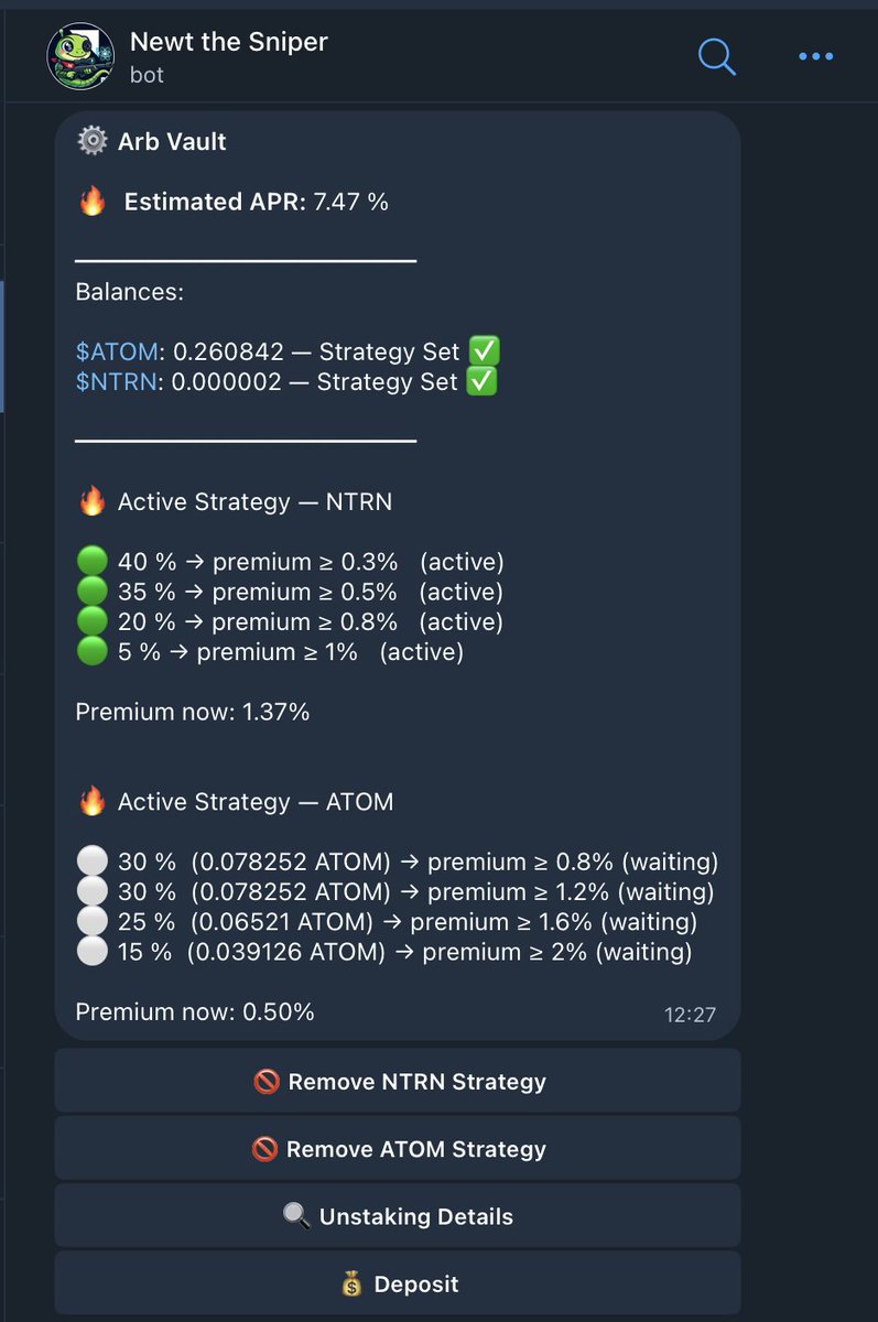 iamswiftwol's tweet image. Newt’s Sniper Arb Vaults are live in beta on @neutron_org 🎉

Newt offers fully automated arbitrage for dATOM and dNTRN with a simple setup.

It identifies pricing imbalances, executes trades, manages the entire cycle, and compounds the results. Deposit once and Newt handles the…