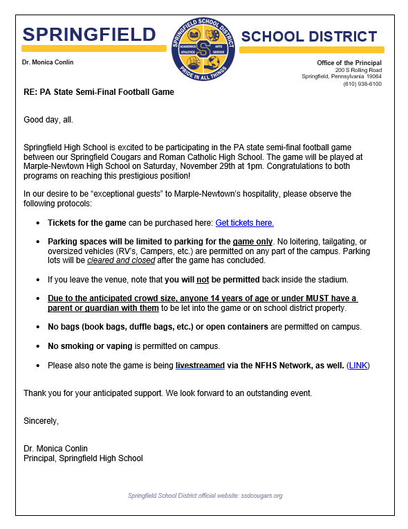 SpringfieldSD's tweet image. PA State Semi-Final Football Game

Tickets for the game can be purchased here: piaa.org/sports/tickets…

Please also note the game is being livestreamed via the NFHS Network, as well.