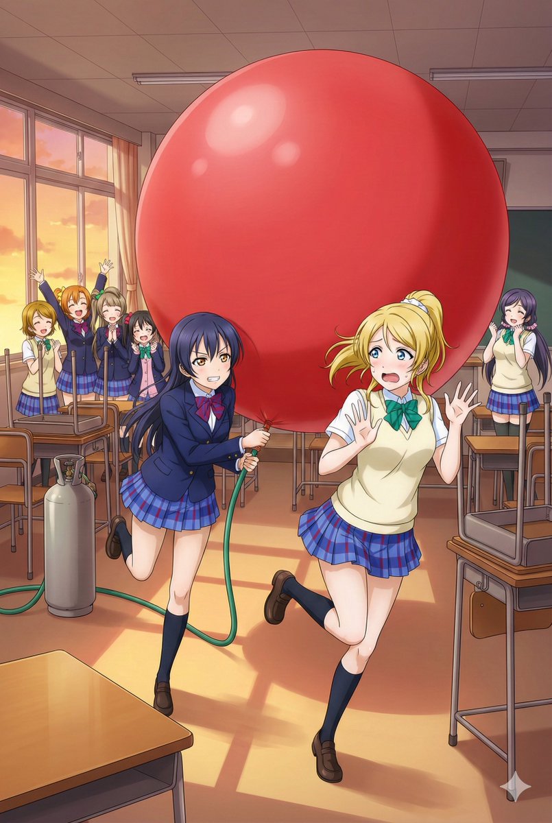 Nano Banana Pro、神です。 
「絵里待ちなさい！！」
"Eri, wait up!!"
「いやぁぁー海未、その風船、もう破裂するチカよ」
"Oh no, Umi! That balloon's about to pop!"
#風船 
#nanobanana