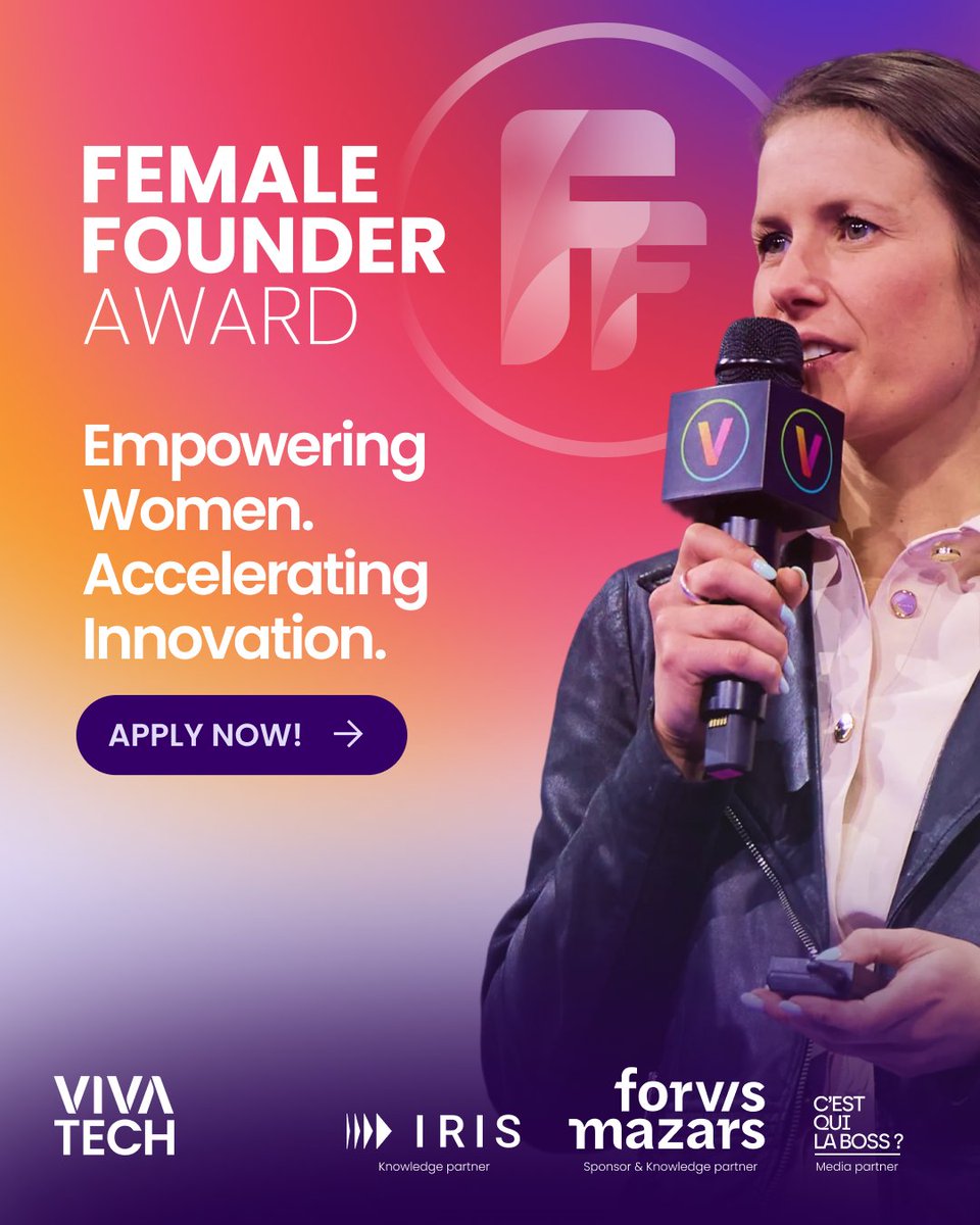 VivaTech's tweet image. Calling all women entrepreneurs! The #VivaTech #FemaleFounderAward is back in 2026 (formerly the Female Founder Challenge). 

It’s your chance to win: 
💼 1:1 meetings with top VCs 
🎤 A pitch on our main stage 
🤝 A booth at VivaTech 2027  

Apply now!
vivatechnology.com/challenges/fem…