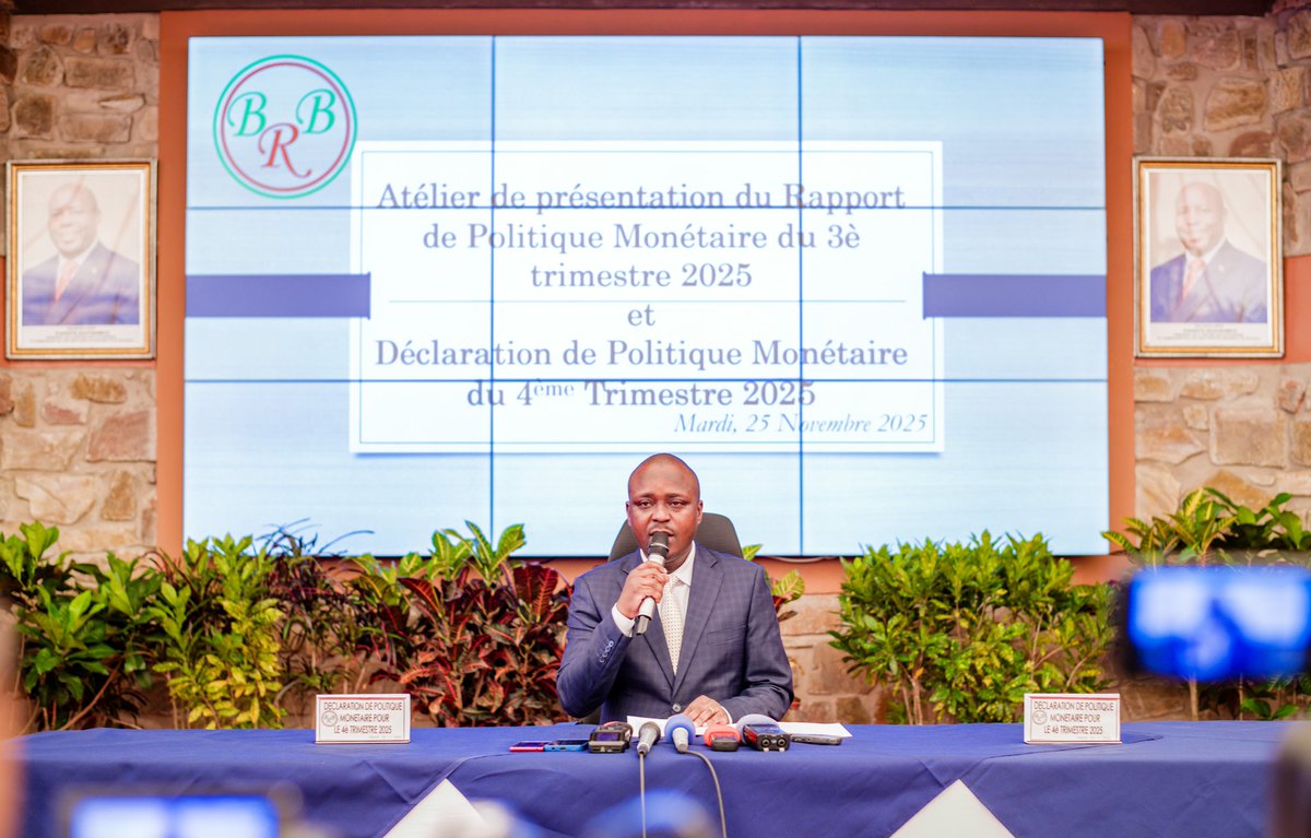 BankiNkuru's tweet image. La @BankiNkuru maintient le Taux Directeur a 12%. 

Cela est dans la Déclaration (brb.bi/node/2647) faite ce 25/11/25 par le Gouverneur, après la présentation du Rapport de Politique Monétaire ( brb.bi/node/2649).

#CBR #MPC #Burundi #Inflation #Réformes