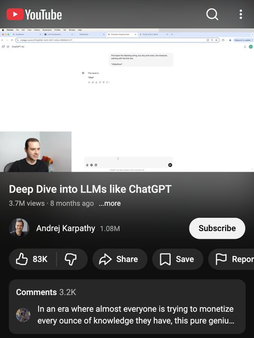 ericw_ai's tweet image. It still blows my mind that Andrej Karpathy (who led Tesla’s Autopilot AI) dropped a 3.5-hour free course on how ChatGPT actually works.

In a world obsessed with selling knowledge, he just gives it away. Save this one.