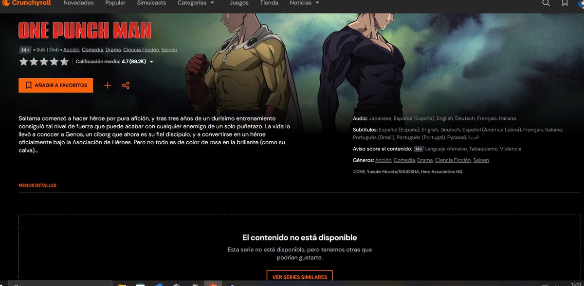 AustinXplayer's tweet photo. ¿Dónde esta la serie? ¿la borraron? @crunchyroll_es @OnePunch_Daily https://t.co/sL1trYqh9n