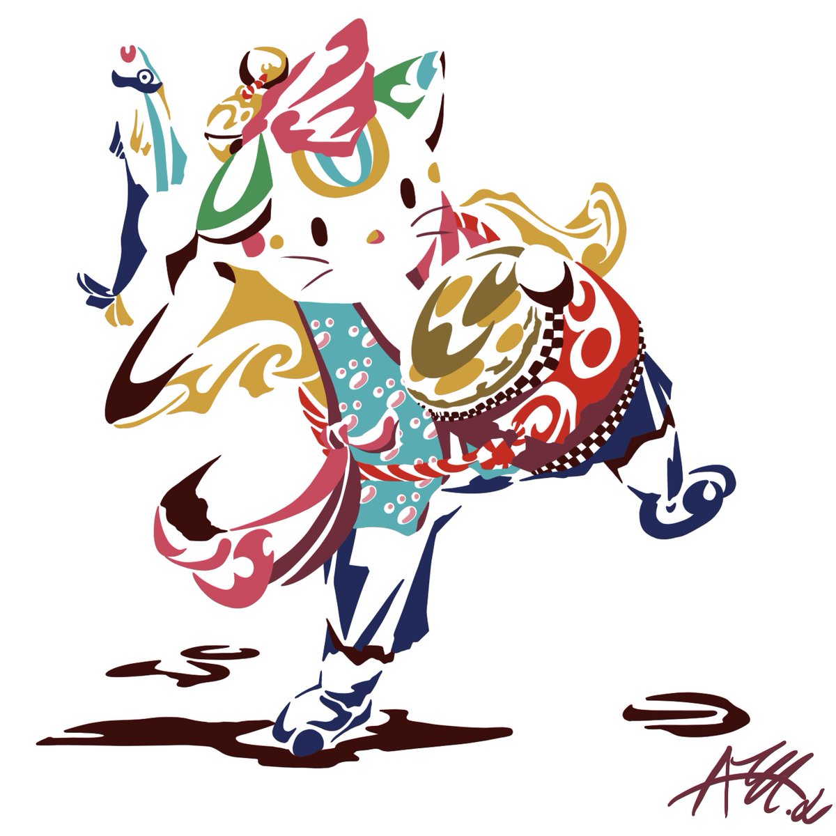 necodouraku's tweet image. 猫が沖縄のエイサーをしている絵です。鮮やかな色彩で描かれ輪郭線はないのに、太鼓を持つ姿には躍動感を感じます。しかし、持っているのはバチではなく魚!?
#art #芸術 #illustration #猫 #cat #イラスト   #Japan #oracle  #Oracle #感情 #emotion #心 #mind #illustrationart #エイサー #沖縄
