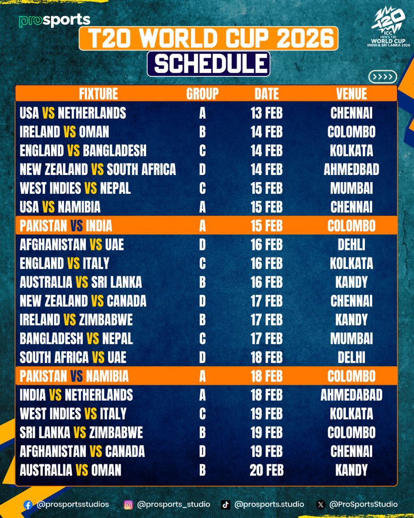ProSportsStudio's tweet image. ICC T20I World Cup 2026 Schedule! Pakistan to play India on 15 February 2026 🇵🇰🇮🇳

#pakistancricket #t20worldcup #worldcupschedule