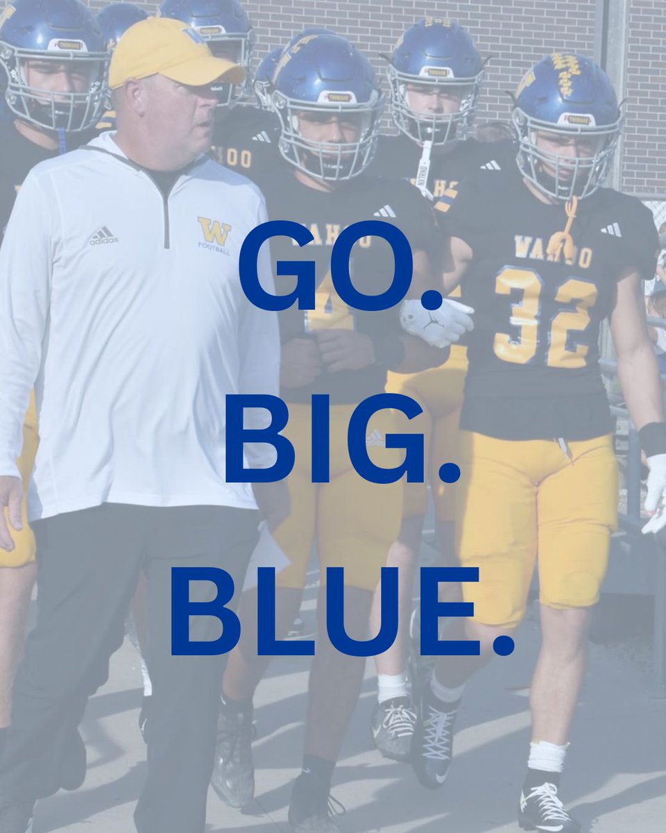 🏈 GO. BIG. BLUE.
Good luck, Warriors! Enjoy taking the field one last time this season! 💙 
🎉 End of season party at the Wahoo State Bank Shed tonight beginning at 6:00 pm. All fans welcome. 💛 
#WahooWarriors #ExcellenceEverywhere