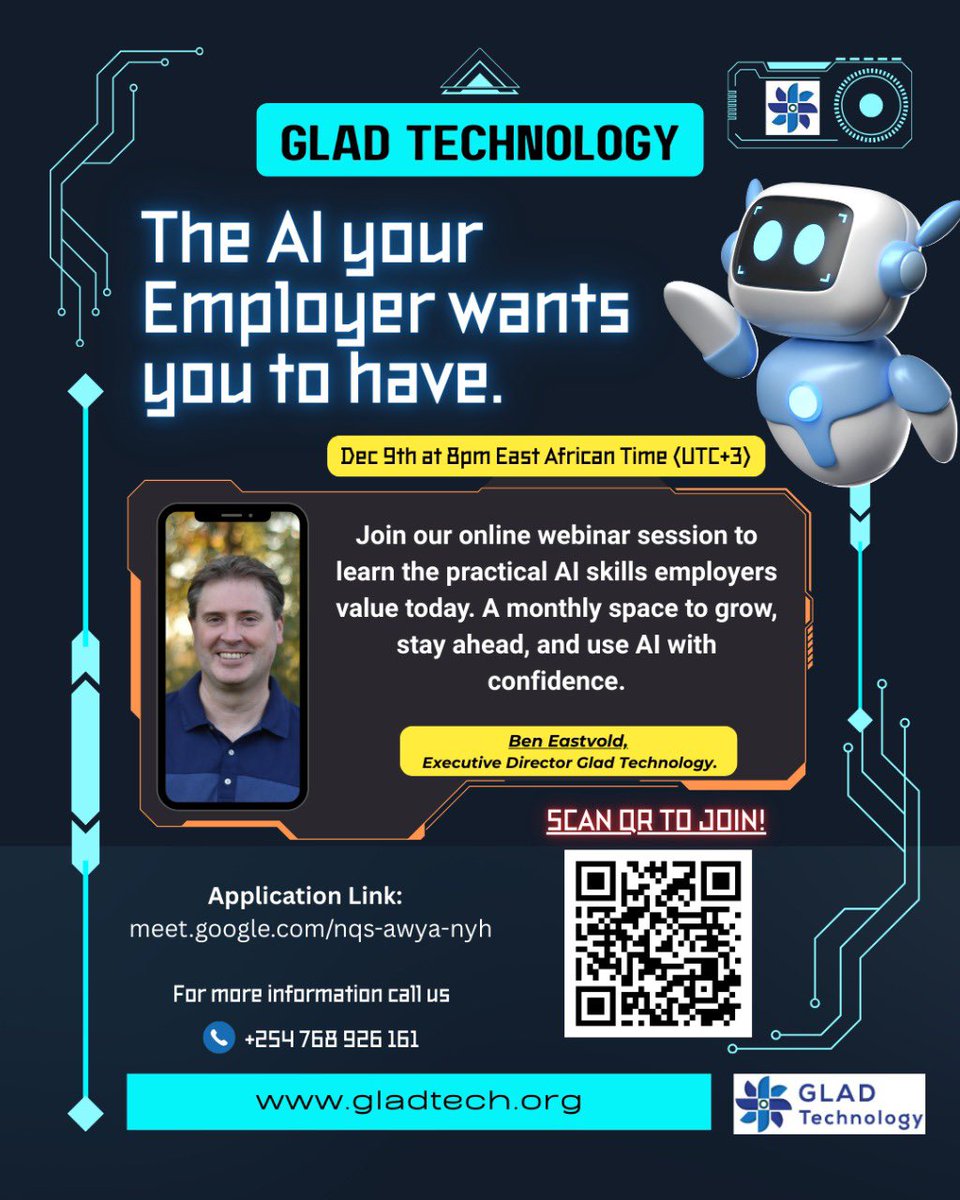 GladTechnology's tweet photo. FREE WORKSHOP: What AI Skills Are Employers Really Looking For?
Curious how AI can boost your career, even if you’re not in tech?

Date: December 9
Time: 8:00–9:30 AM EAT (60-min workshop + 30-min Q&amp;A)
Where: Google Meet :
 https://t.co/gK5GI1wkxi

#GLADKenya #AIWorkshop #AI https://t.co/AUluL9Zy5X