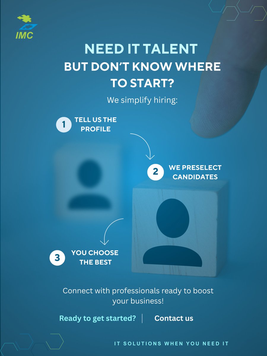 IMCItSolutions's tweet image. 🔎 Need IT talent but not sure where to start?
Finding the right candidate can slow down your projects.

We make hiring simple:
1⃣Tell us the profile
2⃣We preselect the candidates
3⃣You choose the best

Contact us: imconsultingltd.com

#IMC #TechRecruitment #YourNextTalent