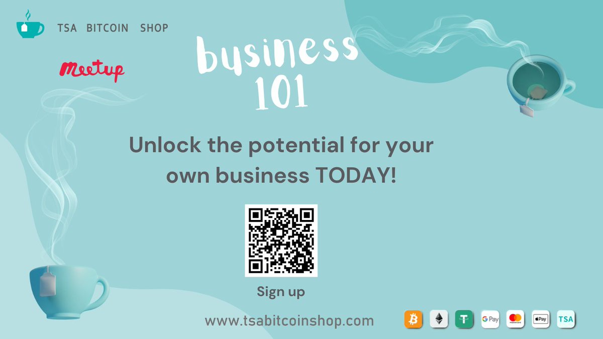 Bsiness 101: Exploring Opportunities in Blockchain, AI, &amp; Sustainable Technologies! Sponsored by #TSABitcoinShop. 

 Each Fri. and Sat. 1347 Marine Drive, West Vancouver
 --Scan barcode to register --

#Blockchain #AI #SustainableTech #Business101