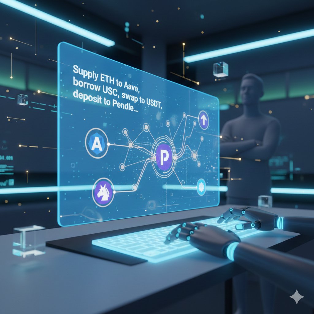 Davil_web3's tweet image. 📝 Type Your Idea, Watch AI Execute. That&apos;s @Infinit_Labs ! 🤯

Prompt-to-DeFi is the ultimate game changer. Forget complex coding!

You type: &quot;Supply ETH to Aave, borrow USDC, swap to USDT, deposit to Pendle...&quot; AI Agents execute the full, coordinated workflow across protocols.…