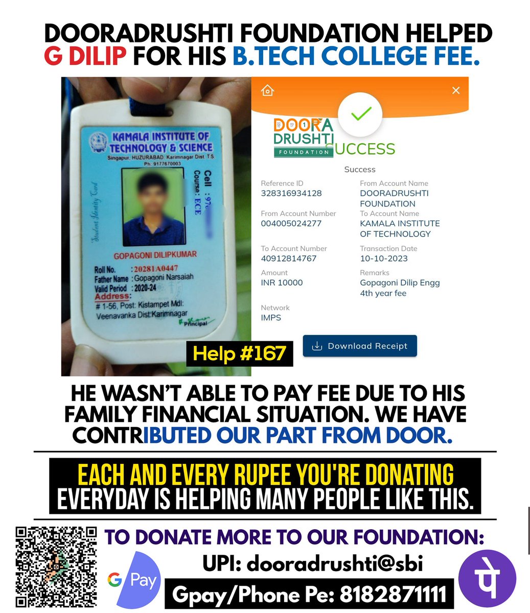 Help #167 post from <a href="/dooradrushti/">Dooradrushti Foundation</a> ❤️🤝

Spread our initiative of <a href="/DonateOnlyRupee/">Donate Only One Rupee</a> to more people and help us in helping more 😊 #Door_Helps #DonateOnlyOneRupee