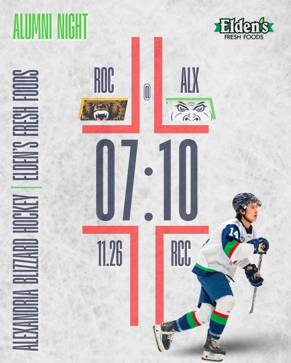 It's ALUMNI NIGHT at the RCC as we drop the puck with the Grizzlies.

Game presented by Elden's Fresh Foods, grab your tickets at tickets.alexandriablizzard.com