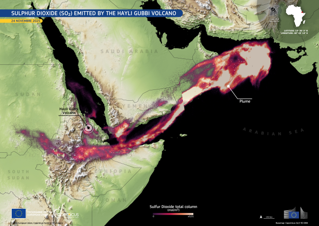 a_data_0's tweet image. A large #sulfurdioxide (SO₂) plume was emitted into the atmosphere. This image, derived from data acquired by the #CopernicusSentinel5P satellite on 24 November, shows the #plume extending for approximately 3,700 kilometres from Ethiopia to the #ArabianSea. 2/3