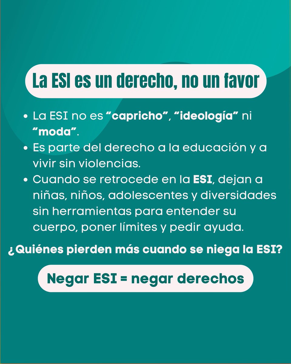 clademperu's tweet image. Hoy #25N recordamos que la ESI no es un “capricho” ni una “ideología”: es un derecho y una herramienta para vivir libres de violencias.
Invitamos a respaldar a docentes y escuelas y exigir al Estado que no ceda ante la presión antiderechos. Comparte y súmate a defender la ESI ✊