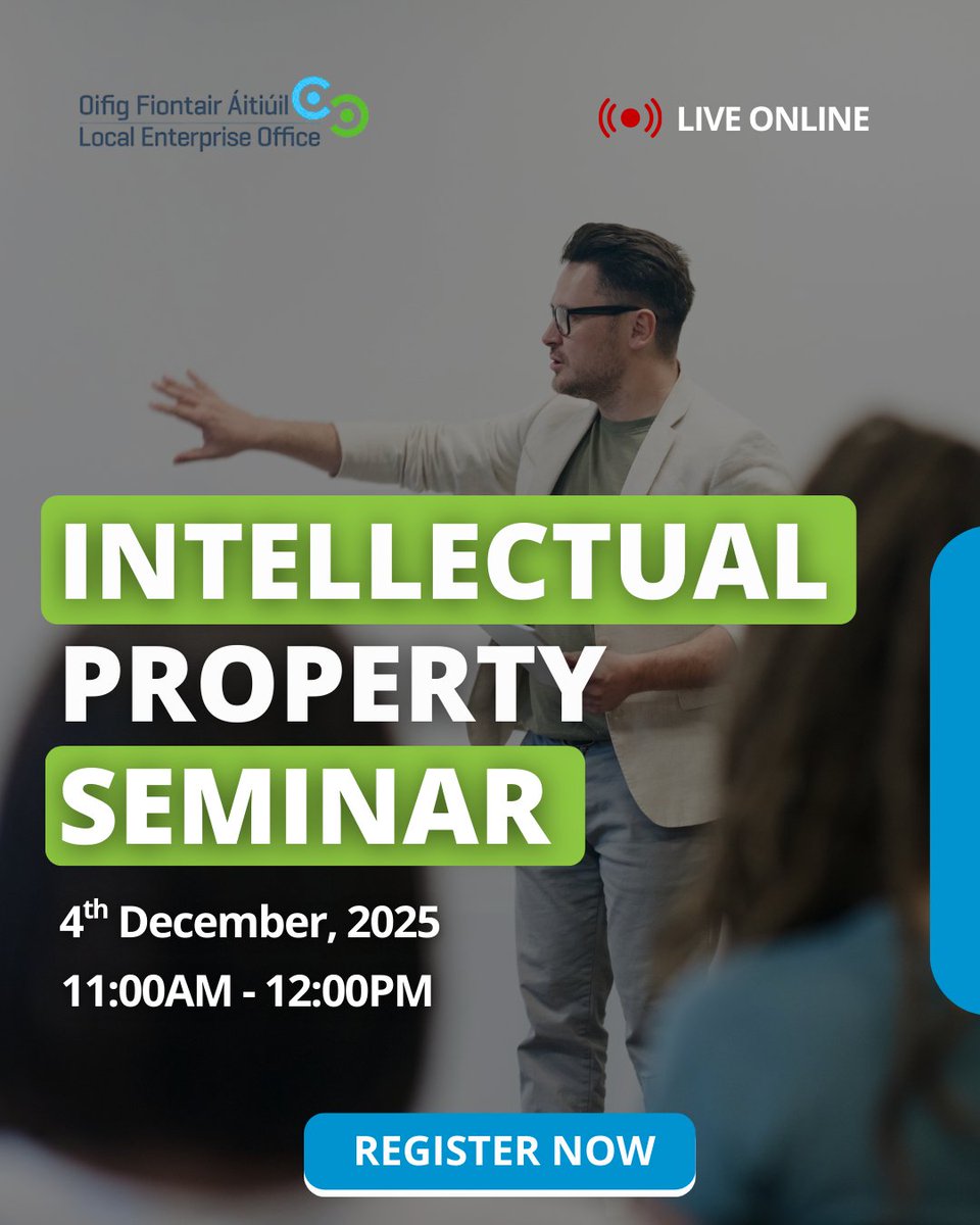 Don’t miss the #IntellectualProperty Seminar on December 4th, 11AM–12PM (Online), hosted by the Intellectual Property Office of Ireland.

Gain key insights into #patents, #trademarks, and #copyright, and learn how to protect your creations &amp; innovations. 

bit.ly/4abGv26